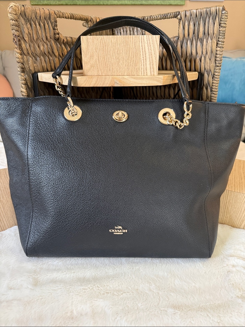 Coach Black Leather Tote with Gold Chain Accents